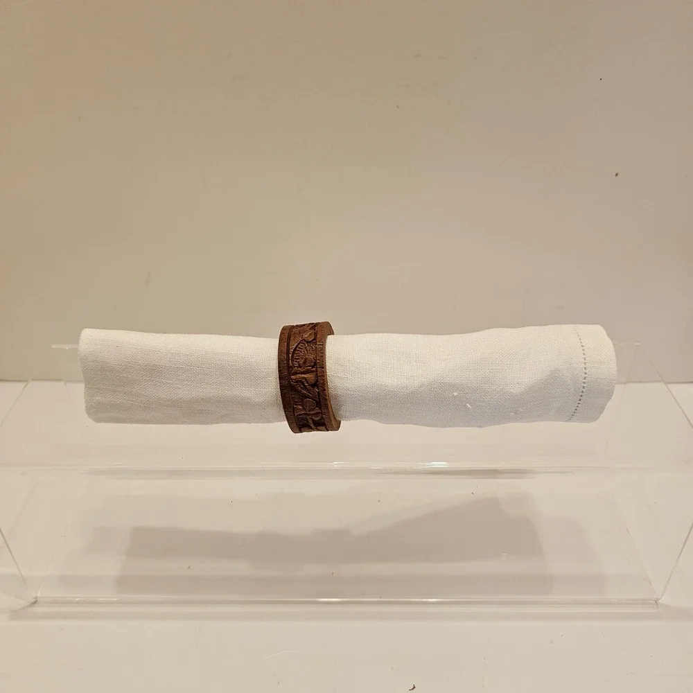 Vintage Hand Carved Wood Napkin Rings Set of 7 Floral Brown Rustic Boho Decor